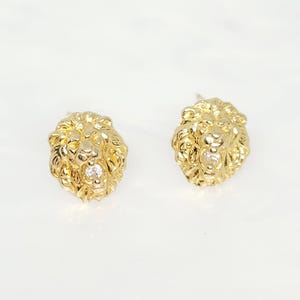 10K Yellow Gold Small Lion Stud Earrings, Gold Lion Face Studs, Lion Zircon Studs, Gold Leo Earrings, Gift for Leo, Gold August Earrings