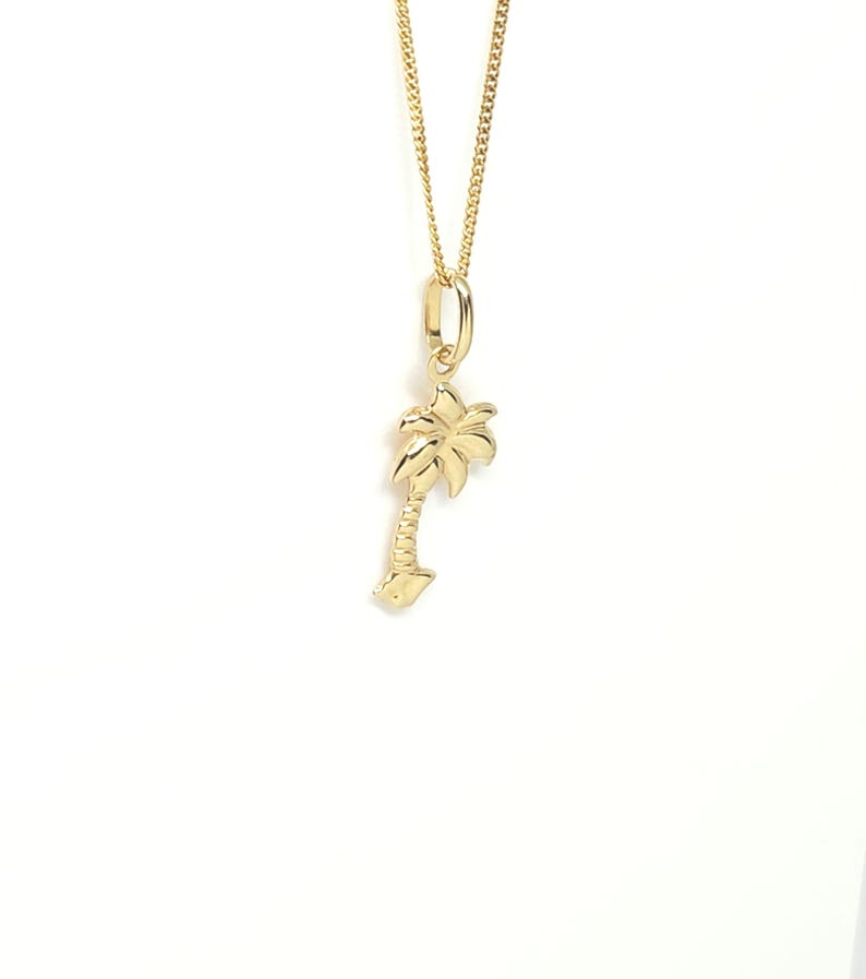 14K geelgouden boombedel, gouden palmboombedel, geribbelde boombedel, gouden tropische boom, botanische sieraden, gouden gezwollen boom, 16 mm x 10 mm afbeelding 16