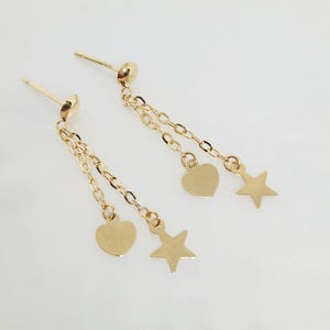 10K Yellow Gold Hanging Earrings, Gold Star Necklace, Gold Heart Jewelry, Gold Butterfly Chain, Multi-Strand Necklace, Anniversary Gift, 17" Earrings