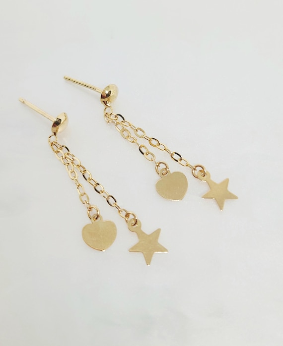10K Yellow Gold Hanging Earrings, Gold Star Necklace, Gold Heart Jewelry, Gold Butterfly Chain, Multi-Strand Necklace, Anniversary Gift, 17"