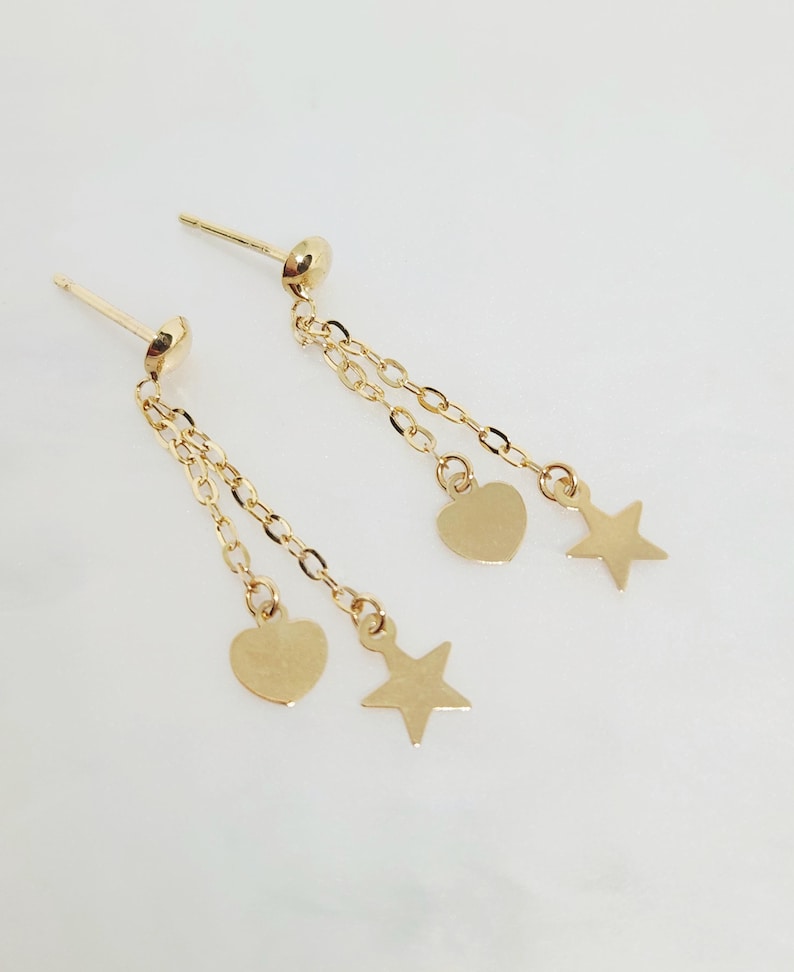 10K Yellow Gold Hanging Earrings, Gold Star Necklace, Gold Heart Jewelry, Gold Butterfly Chain, Multi-Strand Necklace, Anniversary Gift, 17" Earrings