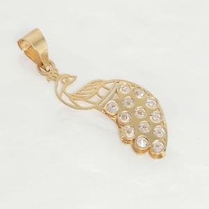 14K Yellow Gold Peacock Pendant, Gold Gem Stone Peacock Charm, Gold Bird Pendant, Dainty Peacock Pendant, Exotic Animal Charm, 26MM x 12MM