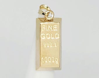 Zawieszka z żółtego złota próby 14K, mała złota sztabka, minimalistyczna biżuteria, biżuteria unisex, złota zawieszka z litego sztabki, pionowa złota zawieszka, 19 mm x 10 mm