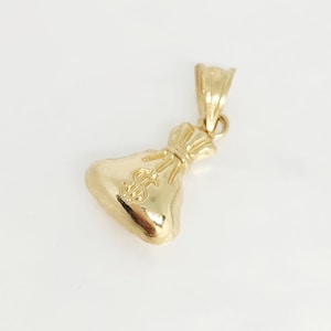 Ciondolo a forma di borsa portasoldi in oro autentico, ciondolo con simbolo del dollaro, borsa portamonete in oro, ciondolo in oro dimensionale, borsa portasoldi incisa, ciondolo con denaro in oro, ciondolo a forma di borsa gonfia