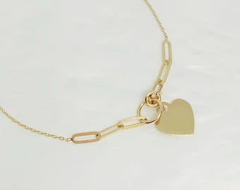 Collar de corazón de oro amarillo de 14 quilates, con dije de corazón, con clip, moderno, regalo de cumpleaños o de San Valentín, 40,6 cm de largo.