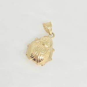 K&ouml;nnte beinhalten: Ein goldfarbener Anh&auml;nger in Form eines K&auml;fers mit einer polierten Metalloberfl&auml;che, die auf den Fl&uuml;geln und dem Kopf eingravierte kreisf&ouml;rmige und lineare Muster aufweist. Das St&uuml;ck enth&auml;lt eine kleine, texturierte &Ouml;se zur Befestigung.