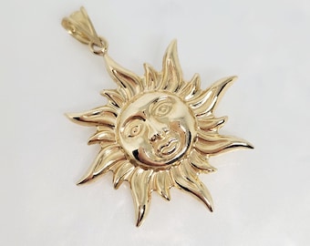 10K Yellow Gold Sun Charm, Gold Double-Sided Sun, Gold Puffy Sun, Gold Sunburst Pendant, Gold Sunshine Pendant, Gift for mom, 25mm diameter