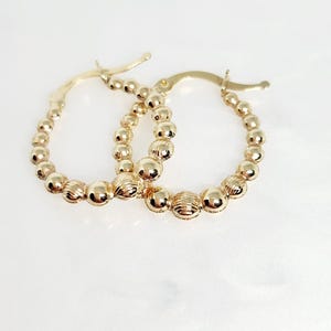 10K Yellow Gold Hoop Earrings, Gold Ball Hoop Earrings, Gold Circle Patterned Hoops, Dainty Gold Hoops, Hollow Hoops, 18MM x 16MM