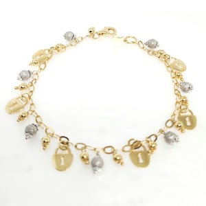 14K echtes Gold Charm Armband, Gold Lock Charm Armband, Gold Ball Charm Armband, zweifarbiges Gold Charm Armband, Geschenk für sie, 18 cm lang