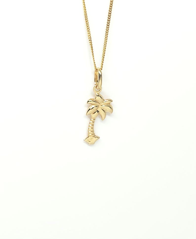 14K geelgouden boombedel, gouden palmboombedel, geribbelde boombedel, gouden tropische boom, botanische sieraden, gouden gezwollen boom, 16 mm x 10 mm afbeelding 15