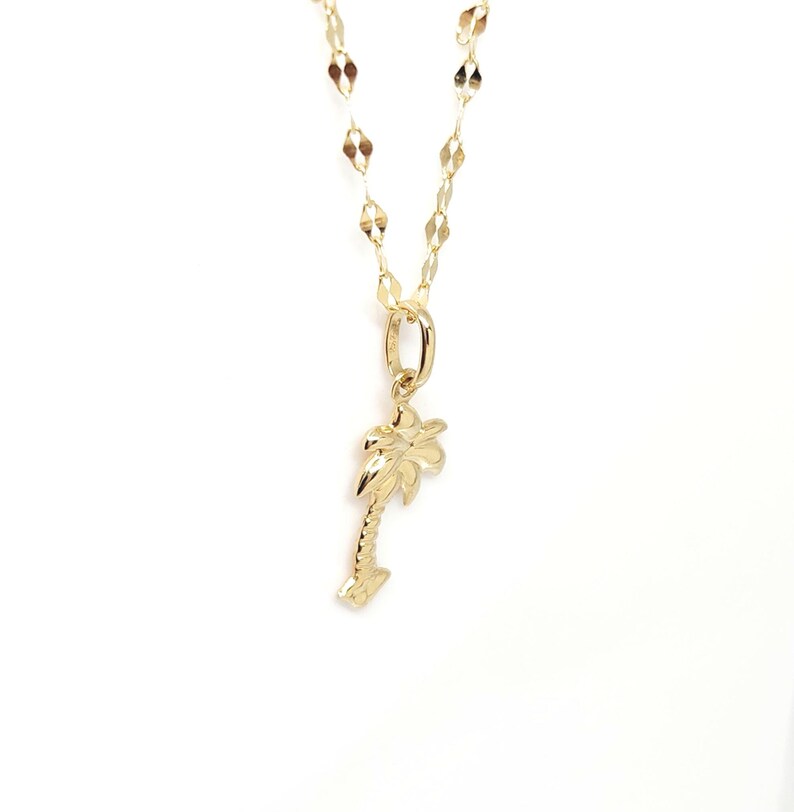 14K geelgouden boombedel, gouden palmboombedel, geribbelde boombedel, gouden tropische boom, botanische sieraden, gouden gezwollen boom, 16 mm x 10 mm afbeelding 9
