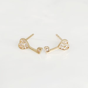 10K Yellow Gold Small KEY Earrings, Gold Heart Key Studs, Gold Key Jewelry, Dainty Gold Stud, Key To My Heart Earrings, 10mm length