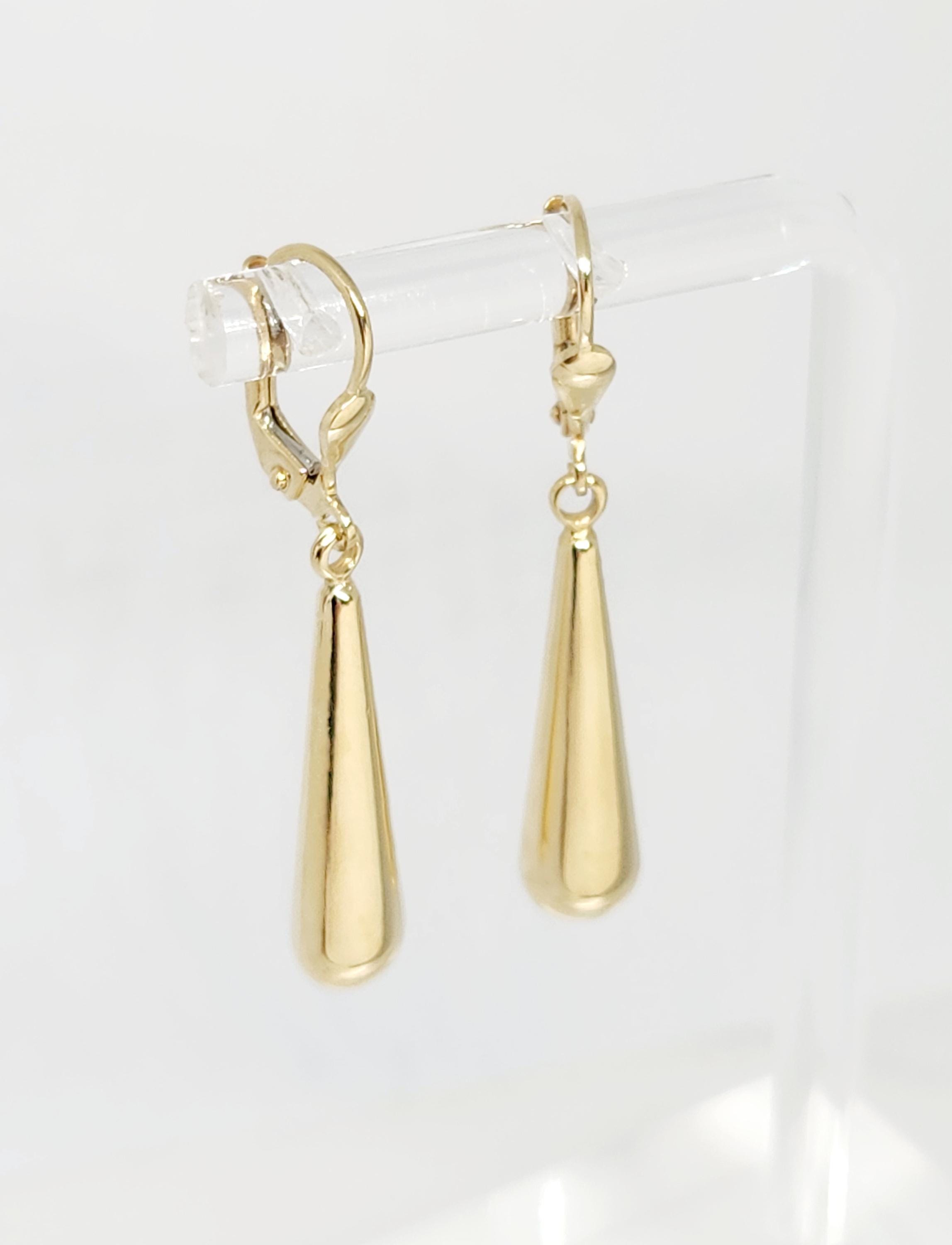 10K Yellow Gold Tear Drop Earrings, Gold Hanging Earrings, Puffy