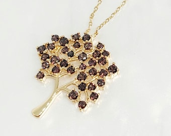 14K Yellow Gold Tree Charm Necklace, Gem Stone Tree Charm, Gold Autumn Charm, Anniversary Gift, Gift for mom, Gift for wife, 17-18" length