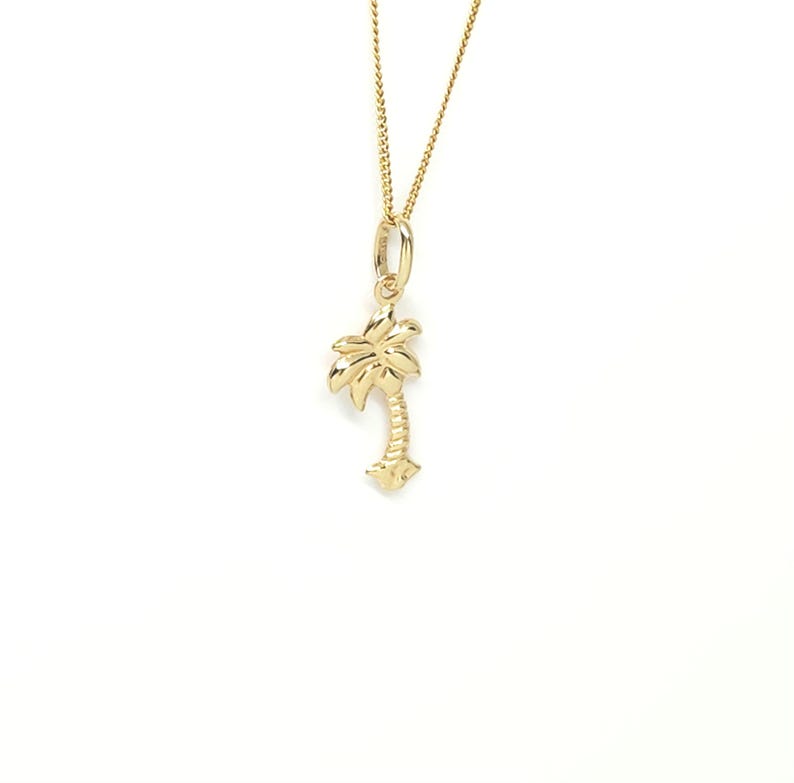 14K geelgouden boombedel, gouden palmboombedel, geribbelde boombedel, gouden tropische boom, botanische sieraden, gouden gezwollen boom, 16 mm x 10 mm afbeelding 14