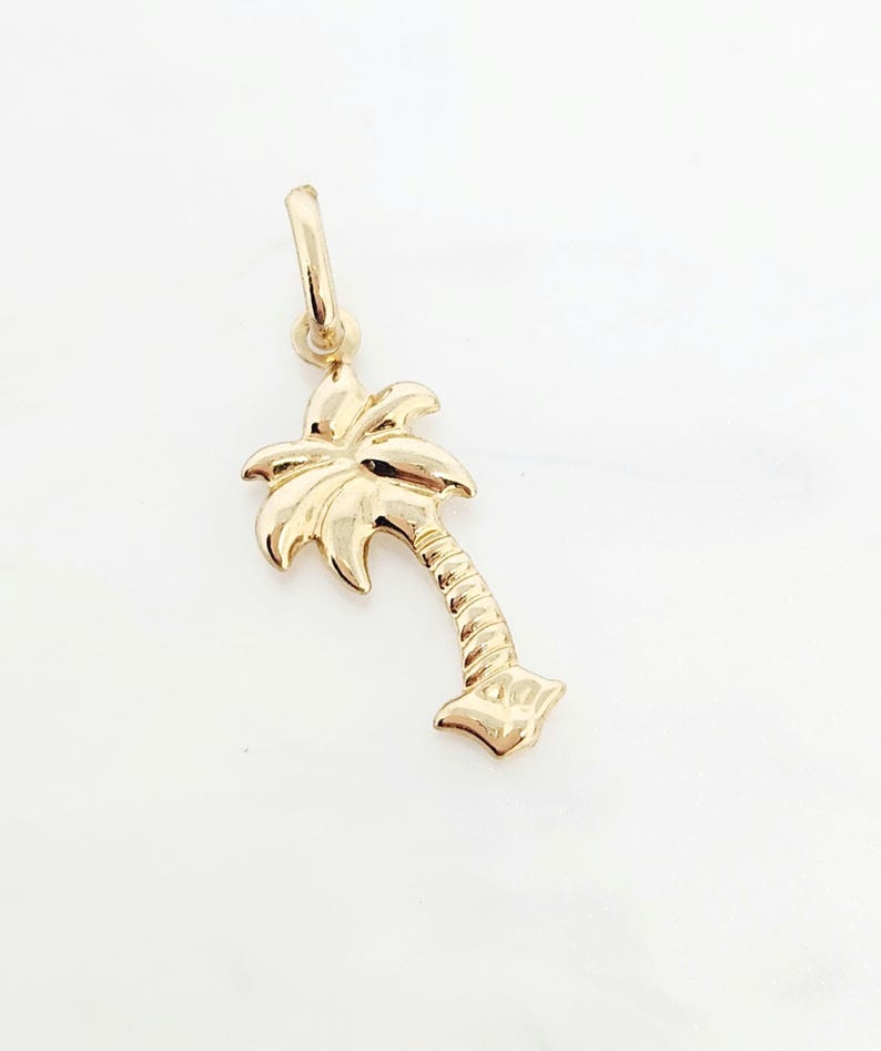 14K geelgouden boombedel, gouden palmboombedel, geribbelde boombedel, gouden tropische boom, botanische sieraden, gouden gezwollen boom, 16 mm x 10 mm afbeelding 13