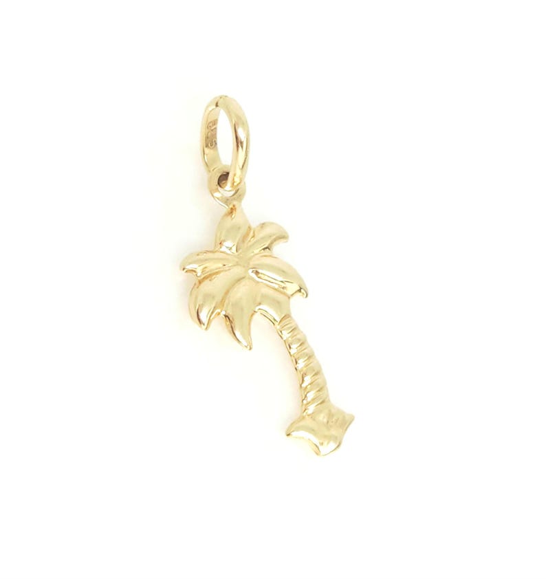 14K geelgouden boombedel, gouden palmboombedel, geribbelde boombedel, gouden tropische boom, botanische sieraden, gouden gezwollen boom, 16 mm x 10 mm afbeelding 10