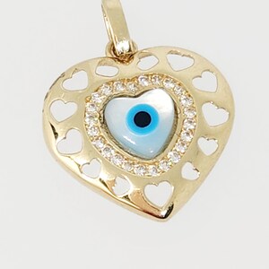 14K żółte złoto urok złego oka, urok szczęścia, urok pomyślności, urok złotego serca, prezent walentynkowy, biżuteria ochronna ze złota, 17 mm x 17 mm