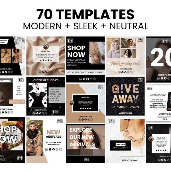 70 Social Graphic Canva Templates | Modern + Sleek + Neutral | Fashion Bloggers - Boutiques - Designers - Influencers