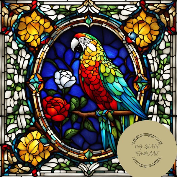 Parrot Glass PNG, Tropical Bird Glass Art, Colorful Glass Decoration, Stained Glass Parrot, DIY Glass Project