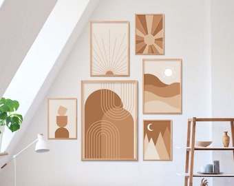 Boho Geometric Art Prints Set of 6, Neutral Modern Wall Art, Mid Century Modern Home Decor, Printable Wall Art, Terracotta Tones