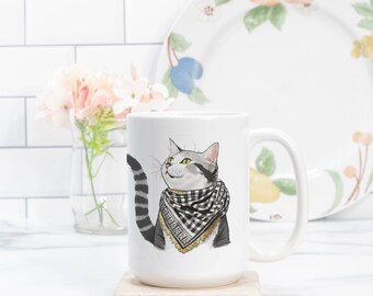 Mug Deluxe ceramic Microwave and Dishwasher safe -   15 oz.- Keffiyeh around kittens neck - Perfect Mug for Cat Lovers, Cat in Keffiyeh