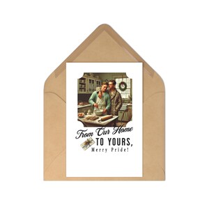 Postales festivas de orgullo festivo / Mañana navideña vintage de pareja gay / Juego de 7 tarjetas con arte festivo nostálgico LGBTQ