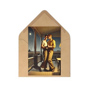 Maanverlichte liefdeskaartenset | Vintage Americana-kunst | LGBTQ+ stel | Landelijke boerderijscène Gay Queer Romance Farm Iowa