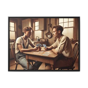 Vintage kaartspel homostel - rustieke Americana kunst, geïnspireerd op Grant Wood | LGBTQ+ Love, jaren '30 queer couple Amerikaans gotisch Grant Wood