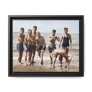 Vintage Beach Boys Photo, Interwar Shoreline Group Portrait, Framed Matte Canvas Archival Decor