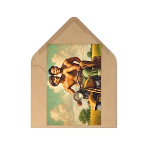 Cartoline di coppia gay asiatico-americana / Arte motociclistica d'epoca / Celebra l'amore, l'unità e l'avventura rurale