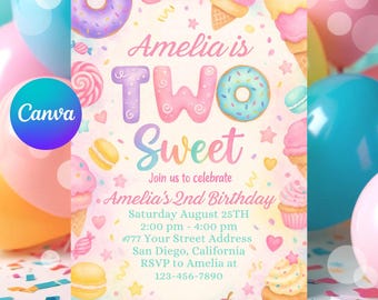 Two Sweet Birthday Invitation: Candy Donut Theme (Editable Canva Template)