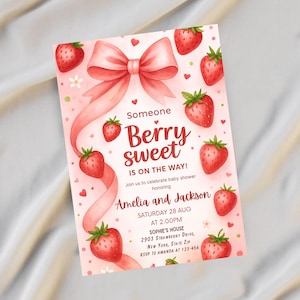 Strawberry Baby Shower Invitation Girl, Berry Sweet Theme, Editable Coquette Pink Bow Invite, Digital Baby Shower Template Download