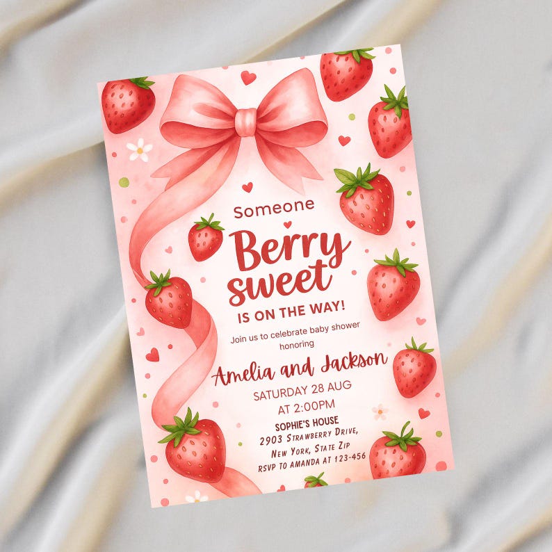 Strawberry Baby Shower Invitation Girl, Berry Sweet Theme, Editable Coquette Pink Bow Invite, Digital Baby Shower Template Download