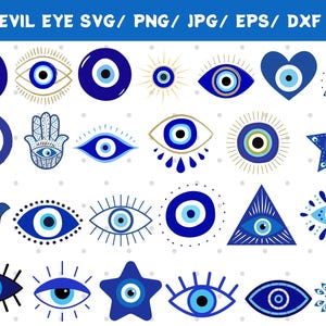 May include: A collection of 20 blue and white evil eye designs. The designs include a variety of shapes, including circles, stars, hearts, and hands. The evil eye is a symbol of protection against bad luck and envy.