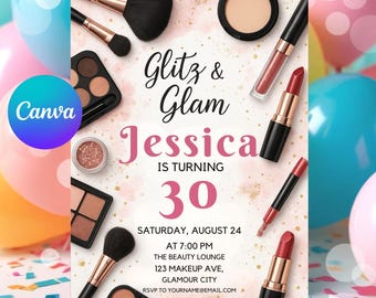 Glitz and Glam Birthday Party Invitation, Pink and Gold, Editable Canva