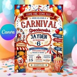 May include: Carnival-themed invitation with a clown illustration, Ferris wheel, and popcorn. The invitation reads "Come One, Come All!" and announces a carnival for Jayden's 6th birthday, including games, prizes, food, and fun.