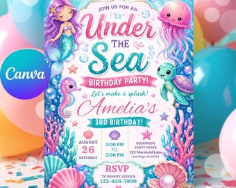 Under the Sea Neon Birthday Invitation: Ocean Animals Canva Template (5x7 Digital Download)