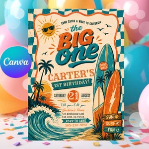 May include: A rectangular birthday invitation card featuring a checkered border, a sun with sunglasses, palm trees, a large ocean wave, and two surfboards. The text reads: Come catch a wave to celebrate the big one, Carter's 1st birthday, Saturday 21 August.