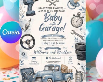 Einladungsvorlage für eine Babyparty im Mechaniker-Stil, Einladung „Baby in der Garage“, Babyparty in der Garage, Vintage-blaue Babypartykarte für Jungen, bearbeitbar mit Canva