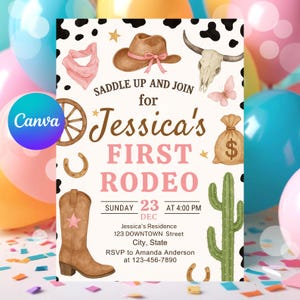 Editable First Rodeo Birthday Invitation | My 1st Rodeo Cowgirl Invite | Pink Western Girl Birthday | 5x7 Canva Template