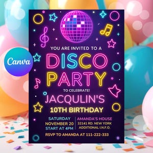 Editable Kids Disco Birthday Invitation: Dance Party, 5x7 Canva Template