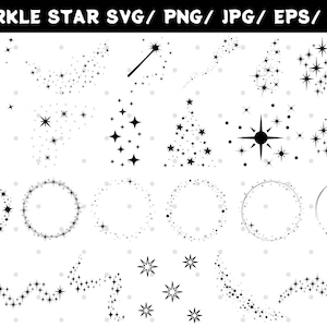 Peut inclure: Un ensemble de 20 fichiers SVG, PNG, JPG, EPS et DXF d'étoiles scintillantes en noir et blanc. Les images présentent différents motifs d'étoiles, notamment des étoiles simples, des étoiles filantes et des traînées d'étoiles.