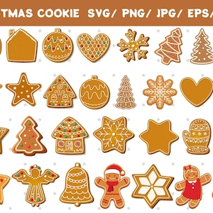 Biscotti di Natale Svg, Png, File di taglio per Cricut, Silhouette, Biscotti di pan di zenzero, Set di Clipart di pan di zenzero, Babbo Natale, Albero di Natale, Renna Svg