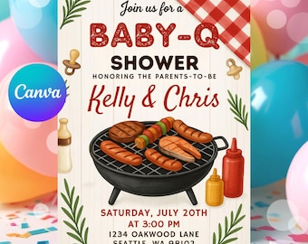 Baby-Q Babypartyeinladungsvorlage | Bearbeitbare Gartenparty einladen (Canva)