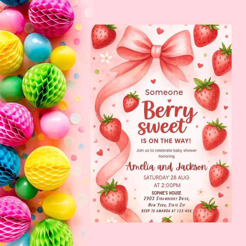 Strawberry Baby Shower Invitation Girl, Berry Sweet Theme, Editable Coquette Pink Bow Invite, Digital Baby Shower Template Download