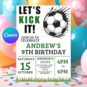 Modèle d'invitation d'anniversaire de football modifiable, invitation de football, invitation de football pour enfants, téléchargement immédiat, toile. Invitation Let's Kick it Soccer