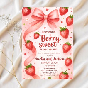 Strawberry Baby Shower Invitation Girl, Berry Sweet Theme, Editable Coquette Pink Bow Invite, Digital Baby Shower Template Download