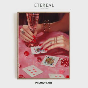 Stampa artistica di lusso da casinò / Decorazione glamour per serate di poker / Carte da gioco e cocktail vintage / Elegante arte murale per sala giochi / Opere d'arte per feste chic