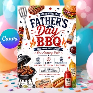 May include: Father's Day BBQ invitation with illustrations of grilled food, a grill, and condiments. The invitation includes the text "Father's Day BBQ" and event details such as date, time, and location.